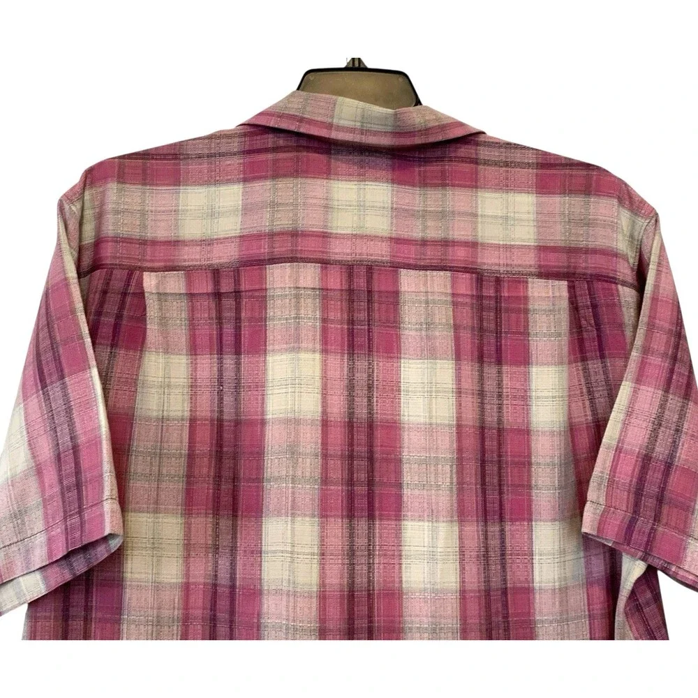 Tommy Bahama 100% Silk Mens Plaid Button-Front Shirt Pink/Cream w/Brown Buttons